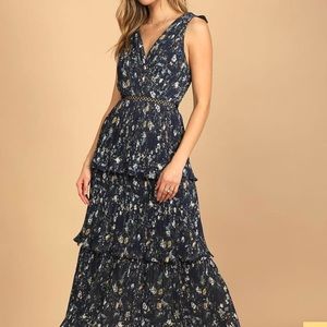 Lulu’s Such Sophistication Navy Blue Floral Print Pleated Maxi Dress